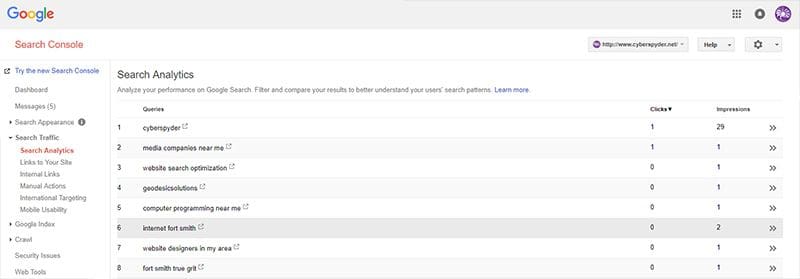 Search Console screenshot of google analytics board